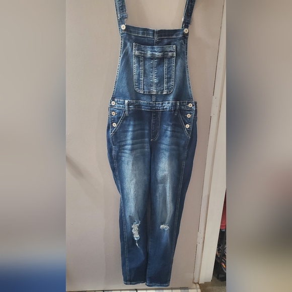 KanCan Dark Blue Distressed Women's Jean Overalls. Sz M - Picture 5 of 6